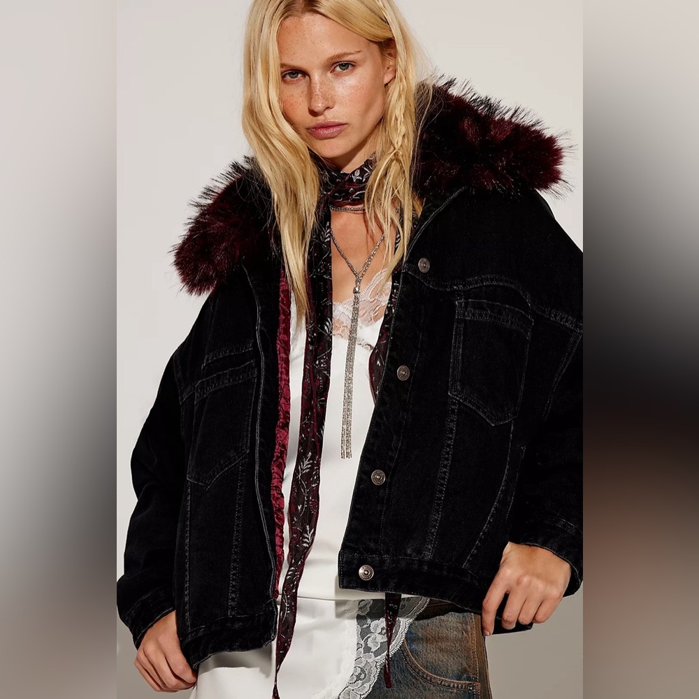 NWT FREE PEOPLE WE THE FREE Opal Swing Faux Fur Collar Jacket | Black $168 XS